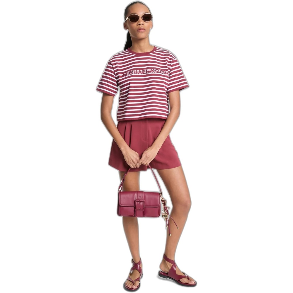 image:imageMichael Kors Womens Mk Embossed Logo Oversized Cropped TShirtStriped Deep Mulberry