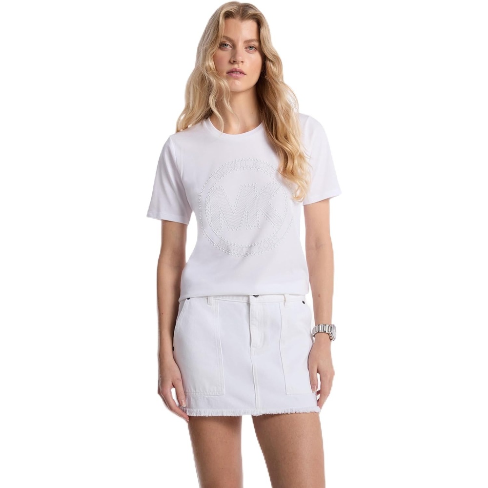 image:imageMichael Kors Womens Rhinestud MK Logo TShirtWhite