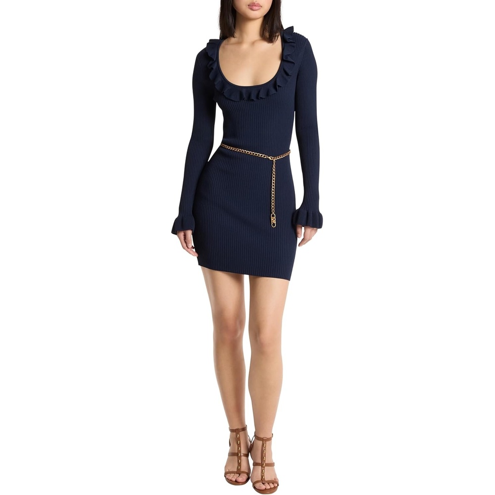 image:imageMichael Kors Womens Ribbed Scoop Ruffle DressMidnight Blue