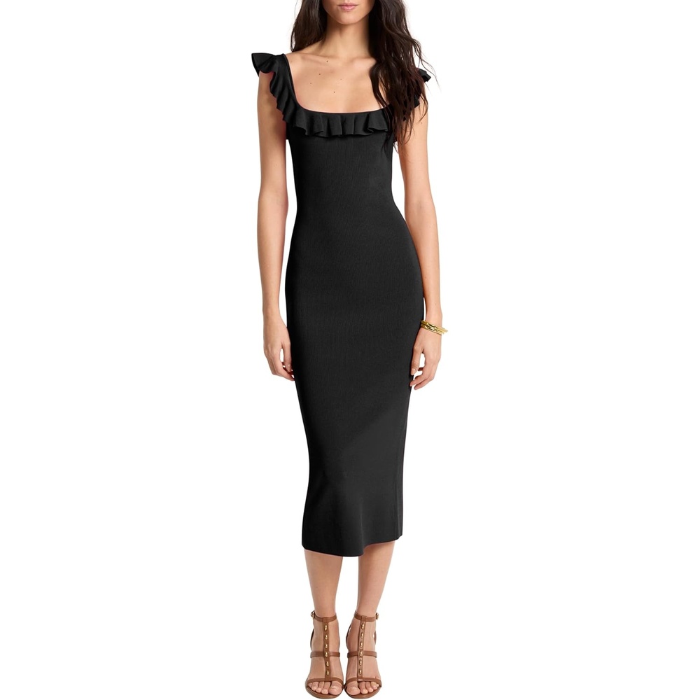 image:imageMichael Kors Womens Sequin Neck Ruffle Midi DressBlack
