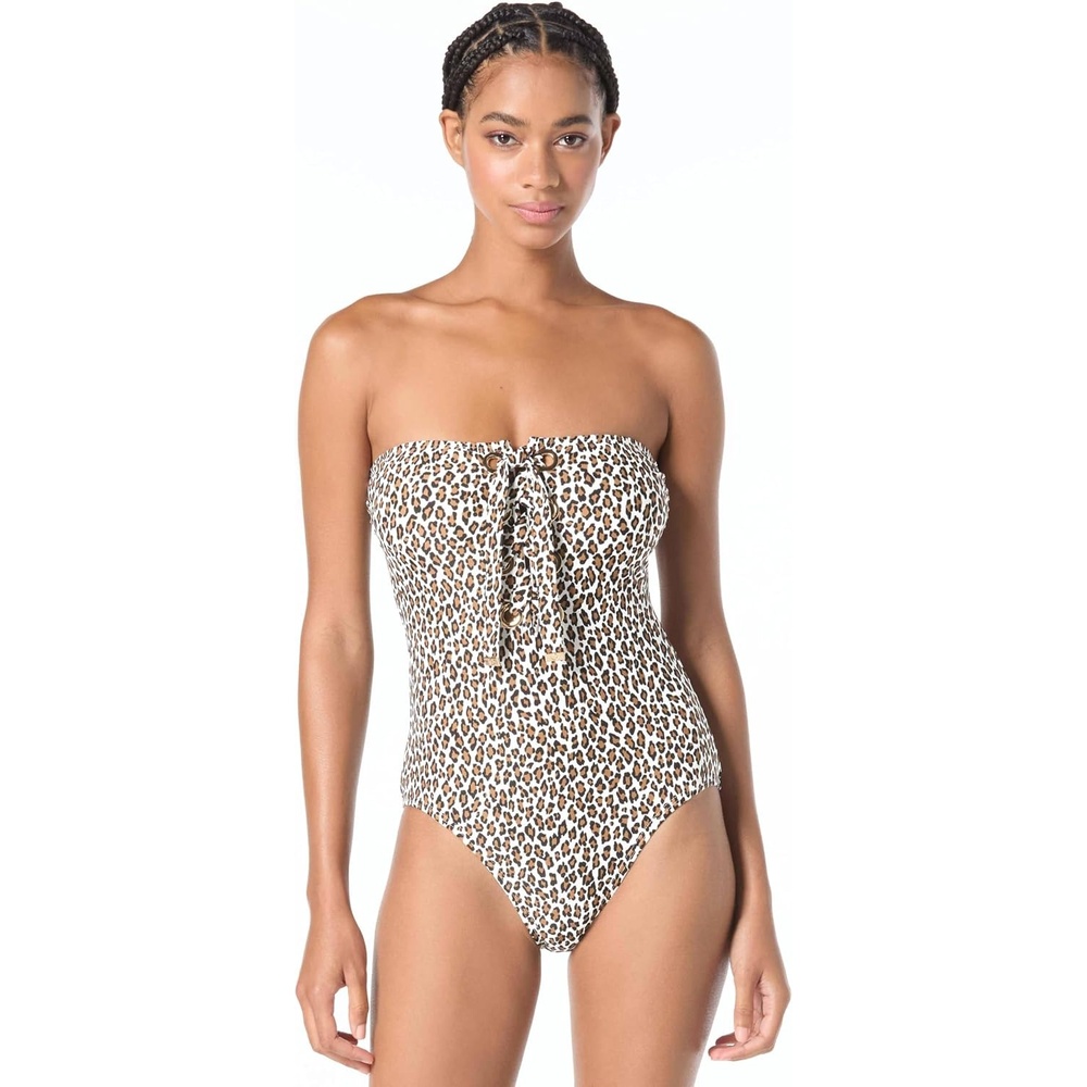 image:imageMichael Kors Womens Small Leopard Bandeau Lace Up One PieceWhite Multi
