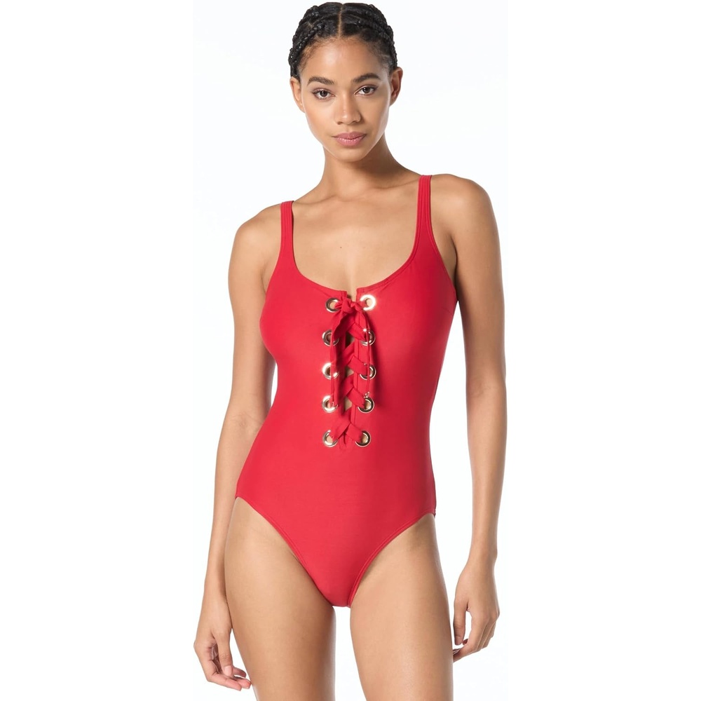 image:imageMichael Kors Womens Standard Solid Lace Up Grommet One PieceRed