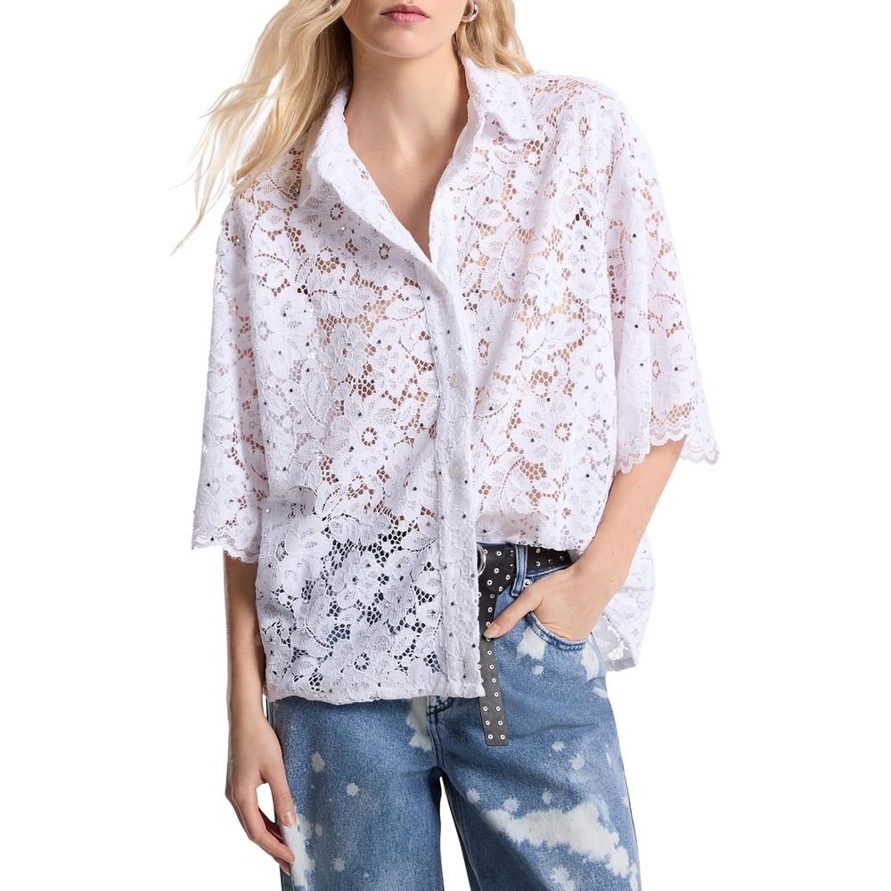 image:imageMichael Kors Womens Studded Floral Lace ShirtWhite