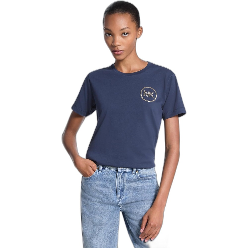 image:imageMichael Kors Womens Studded Mk Charm Cropped TShirtMidnight Blue