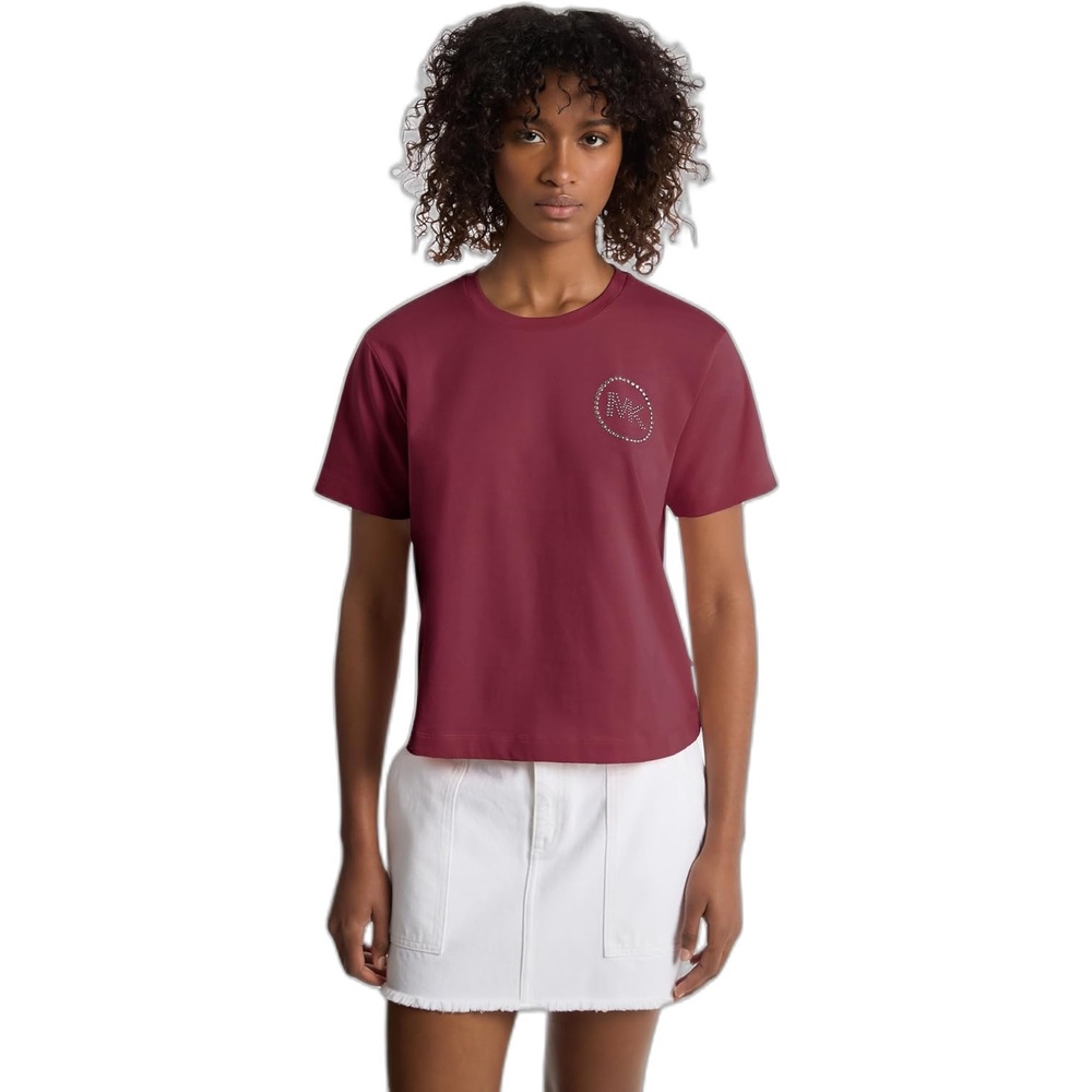 image:imageMichael Kors Womens Studded Mk Charm Cropped TShirtOxblood