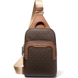 Michael Kors Men’s Hudson Medium Double Zip Slingpack, MK Signature/Brown/Luggage(Brown/Luggage)
