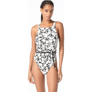 Michael Kors Swimwear Women’s Monotone Floral Highneck Belted One Piece(Black)