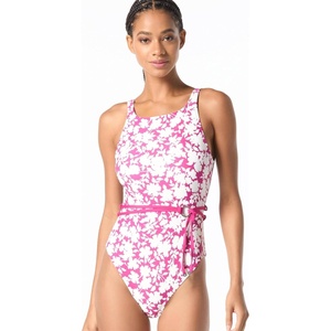 Michael Kors Swimwear Women’s Monotone Floral Highneck Belted One Piece(Wild Berry)