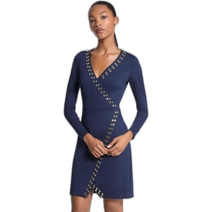Michael Kors Women’s Astor Stud Long Sleeve Wrap Mini Dress(Midnight Blue)