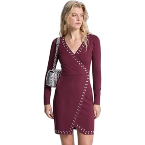 Michael Kors Women’s Astor Stud Long Sleeve Wrap Mini Dress(Oxblood)