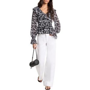Michael Kors Women’s Floral Long Sleeve V Neck Top(Black/White)