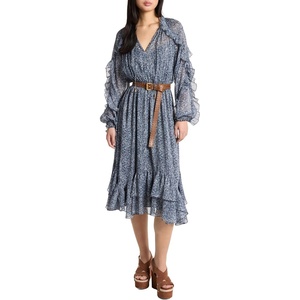 Michael Kors Women’s Floral Ruffle Midi Dress(Midnight Blue)