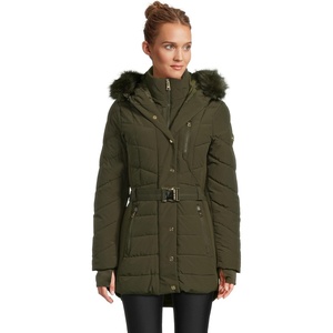 Michael Kors Women’s Hooded Puffer Jacket With Faux Fur Trim and Belt, Heavy Winter Jackets for Women(Olive)