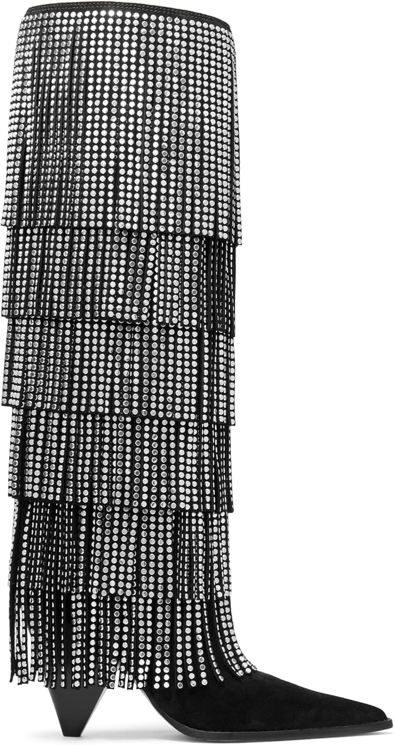 image:imageMichael Kors Womens Jayla Heeled BootBlackSuede FringeHot Fix