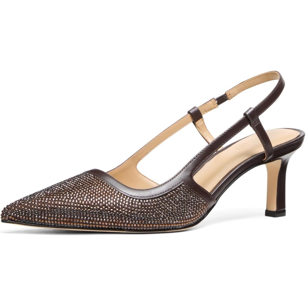 image:imageMichael Kors Womens Alora Mid Sling PumpChocolateMicro SuedeHot Fix