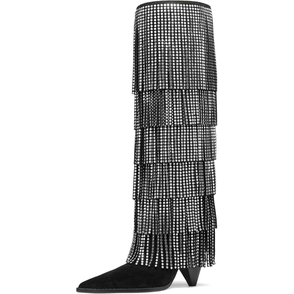 image:imageMichael Kors Womens Jayla Heeled BootBlackSuede FringeHot Fix