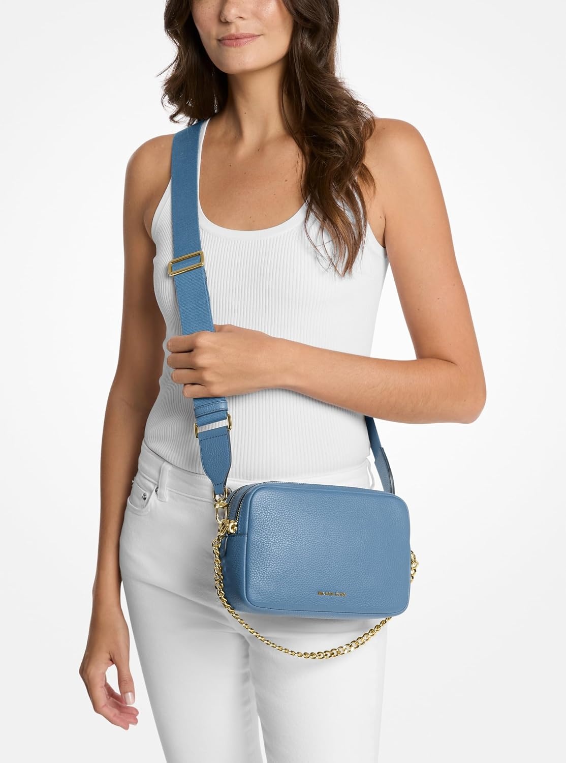 image:imageMichael Kors Bryant Medium Double Zip Chain Camera Crossbody BagGoldtone HardwareLeatherFrench Blue