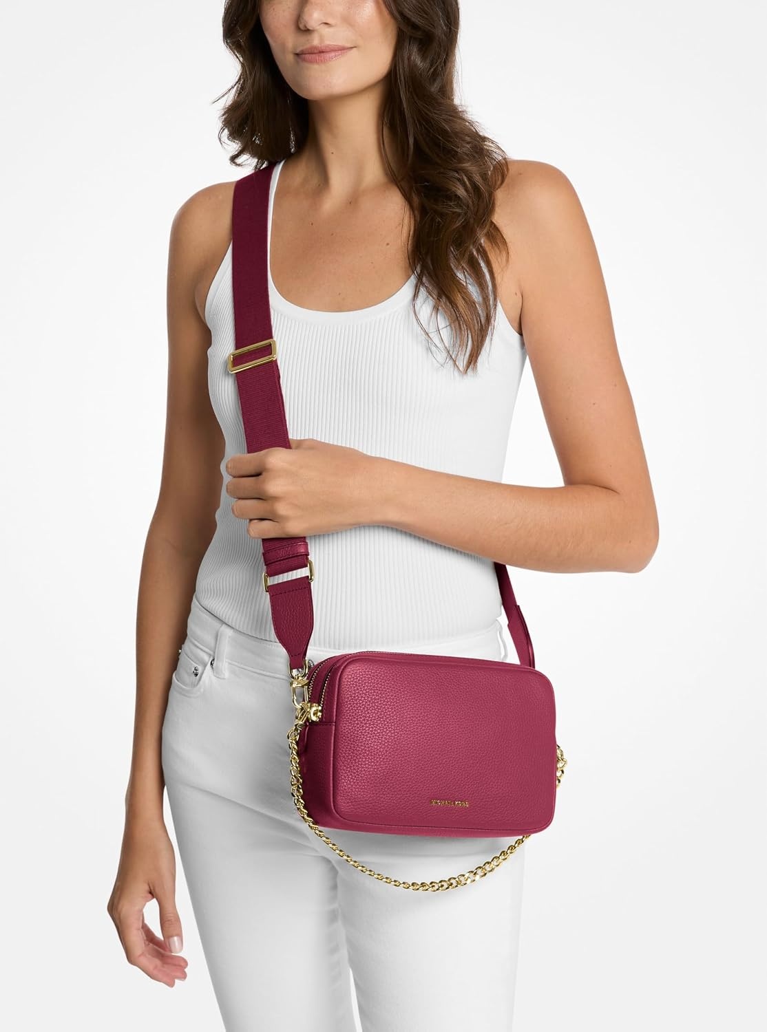 image:imageMichael Kors Bryant Medium Double Zip Chain Camera Crossbody BagGoldtone HardwareLeatherMulberry