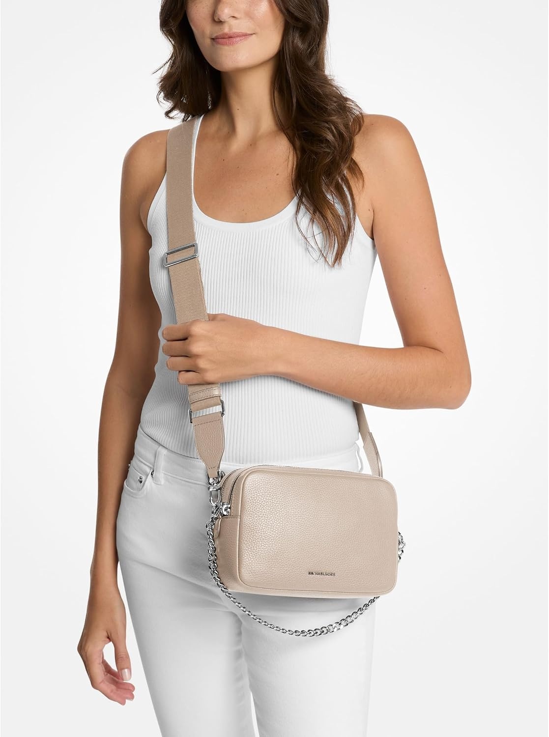 image:imageMichael Kors Bryant Medium Double Zip Chain Camera Crossbody BagLight Sand