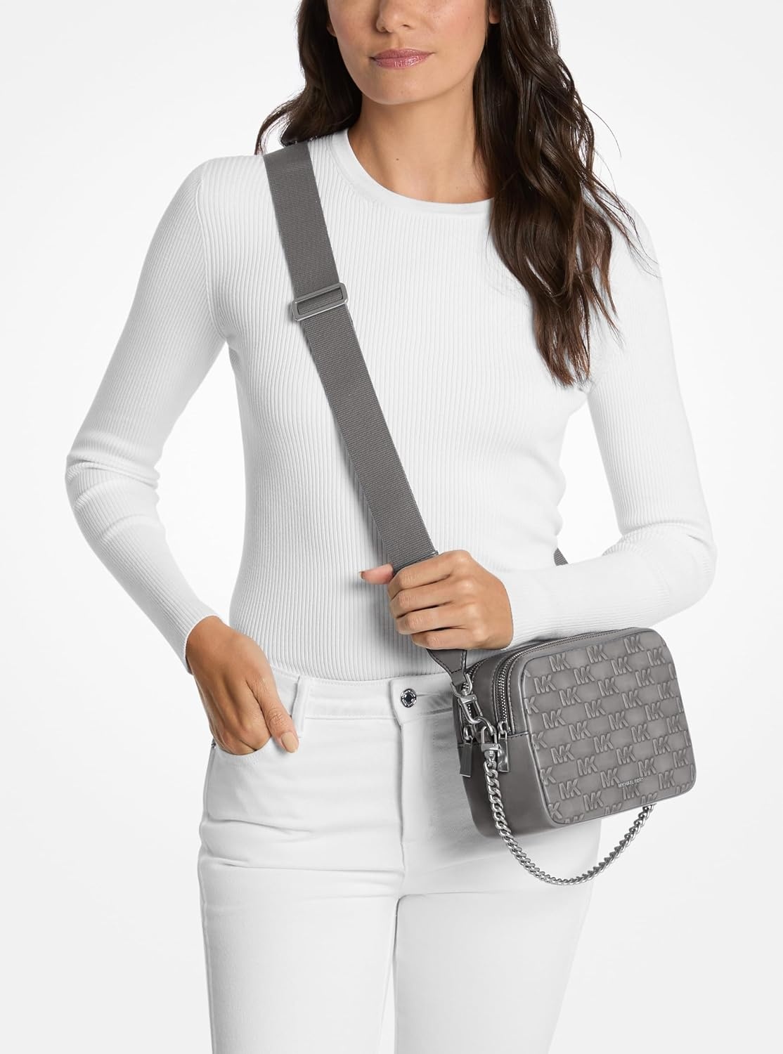 image:imageMichael Kors Bryant Medium Double Zip Chain Camera Crossbody BagNickeltone HardwareMk Debossed Burnished Logo LeatherStorm