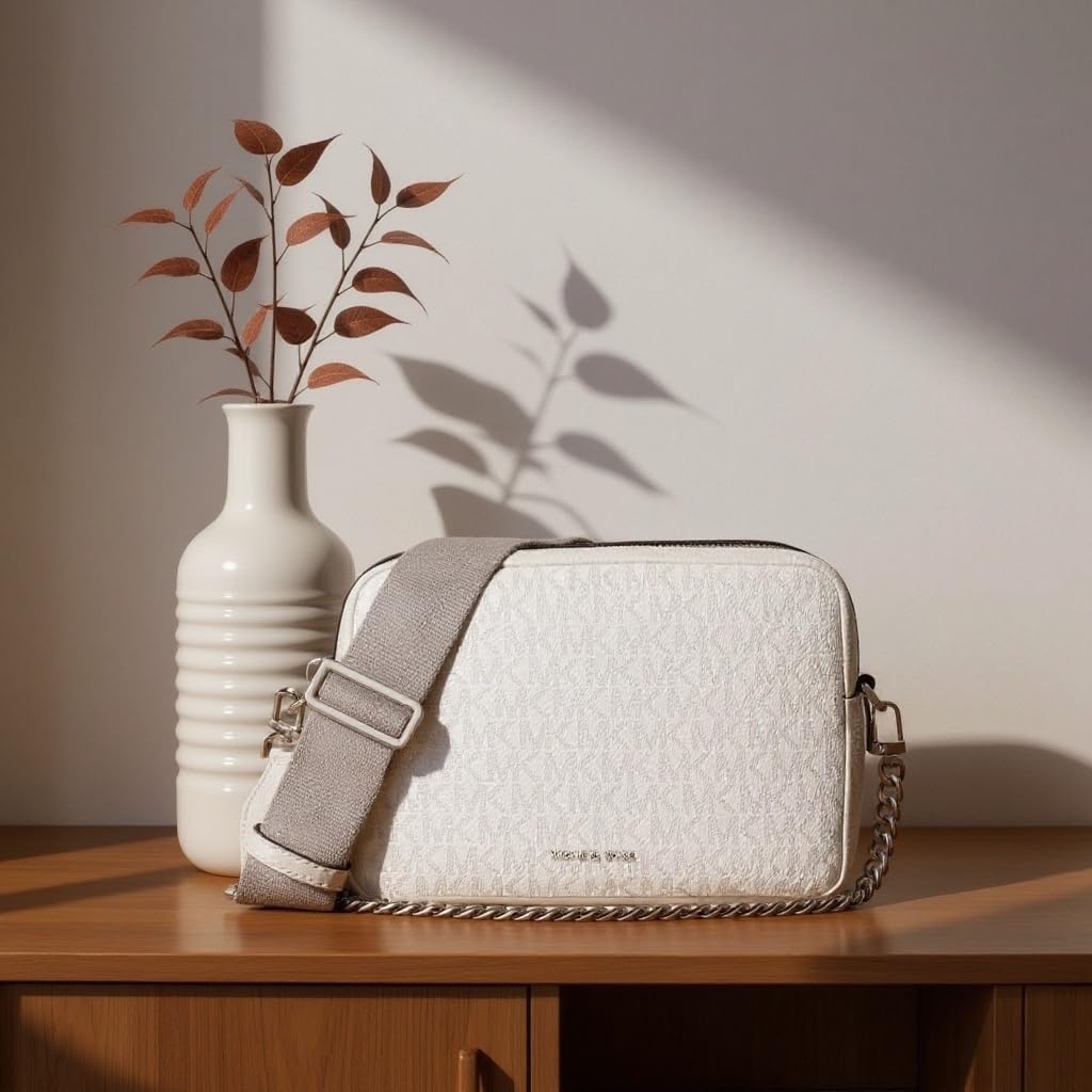 image:imageMichael Kors Bryant Medium Double Zip Chain Camera Crossbody BagOptic WhiteAluminum