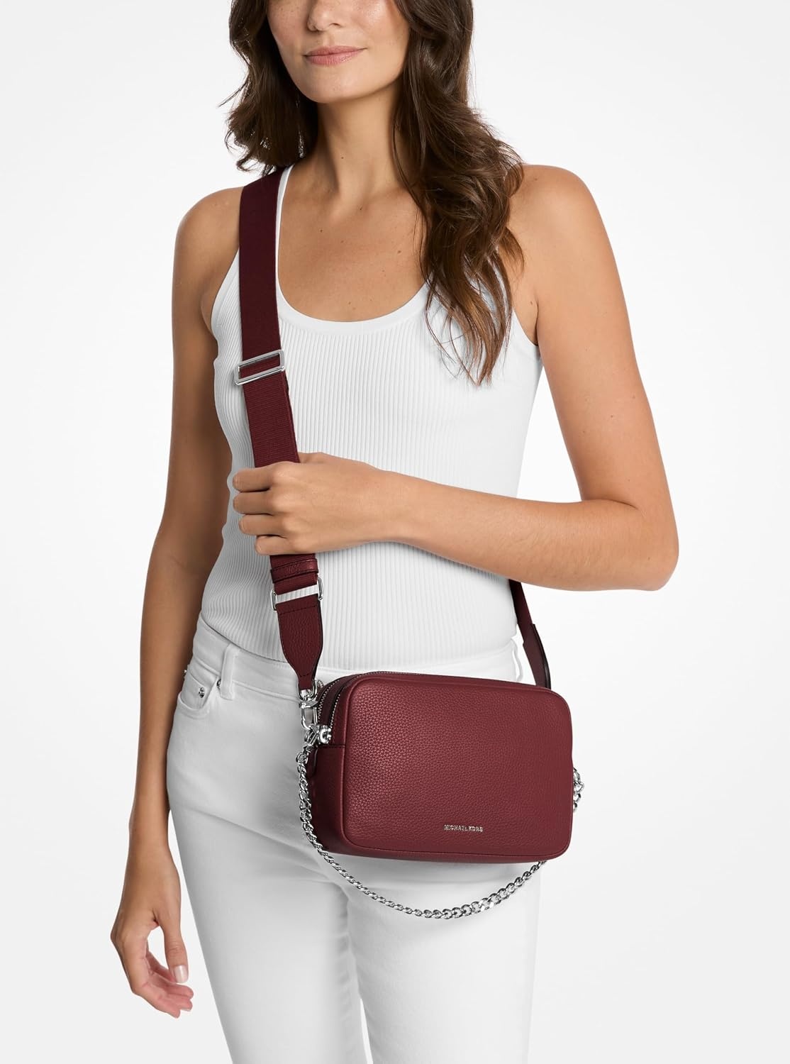 image:imageMichael Kors Bryant Medium Double Zip Chain Camera Crossbody BagSilvertone HardwarePebble LeatherOxblood