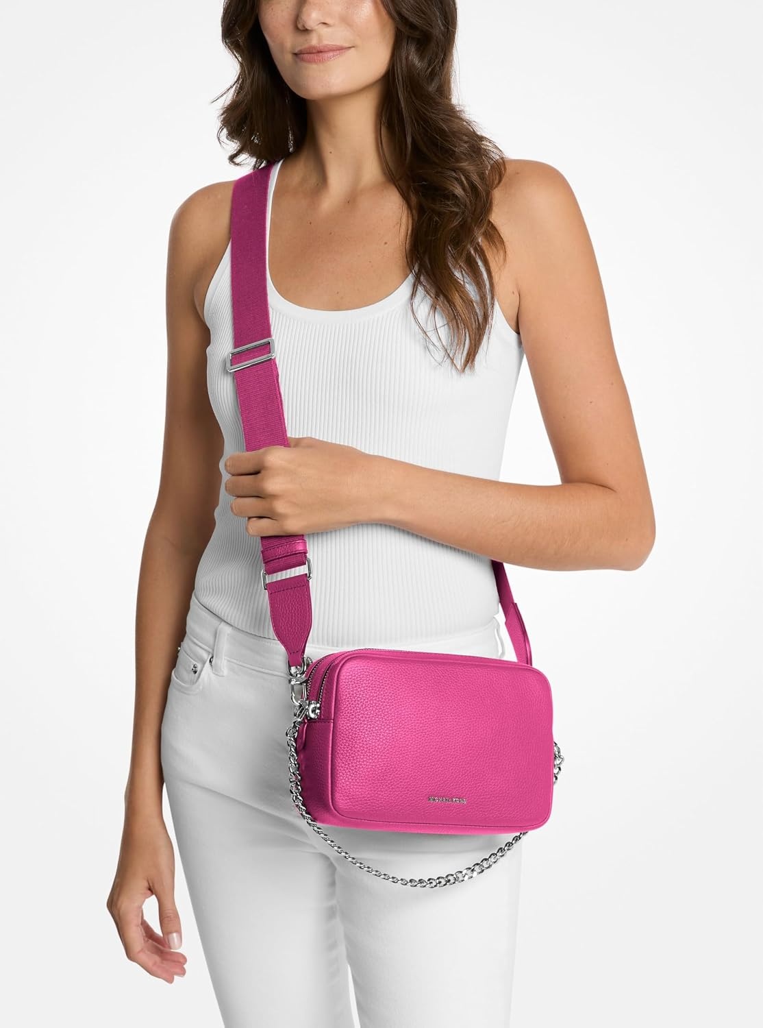 image:imageMichael Kors Bryant Medium Double Zip Chain Camera Crossbody BagSilvertone HardwareWild Berry