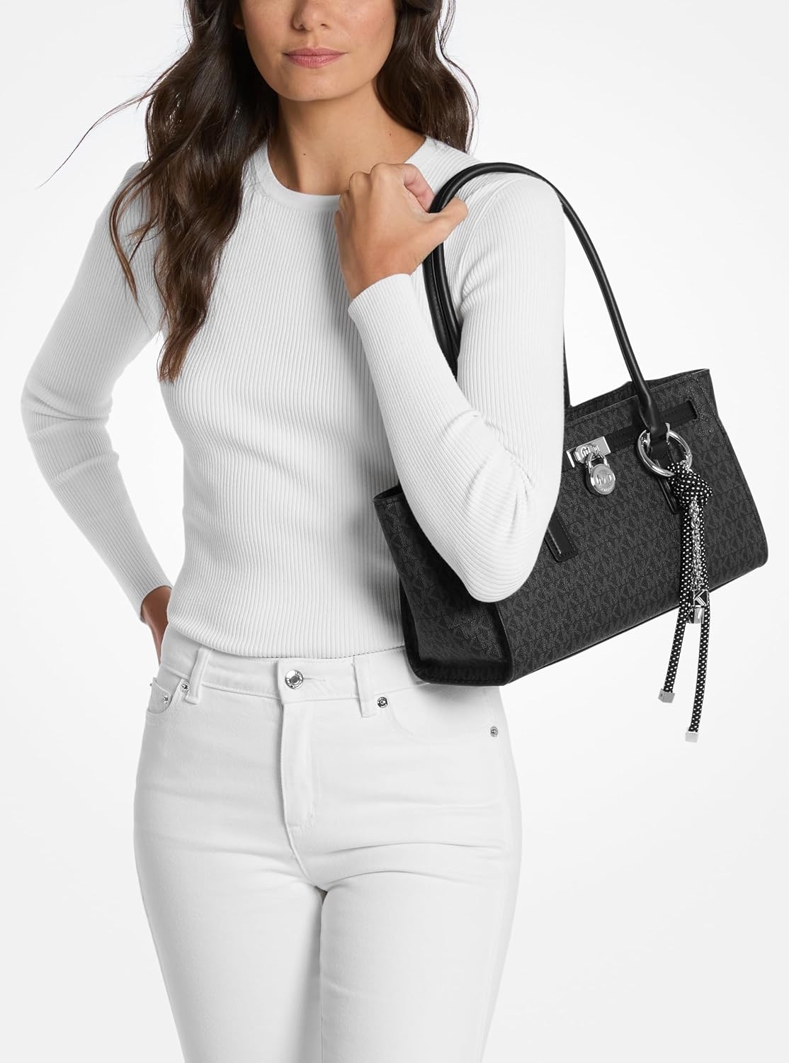 image:imageMichael Kors Hamilton Moderne Small Shoulder ToteSilvertone HardwareTonal Mk Signature Coated TwillBlack