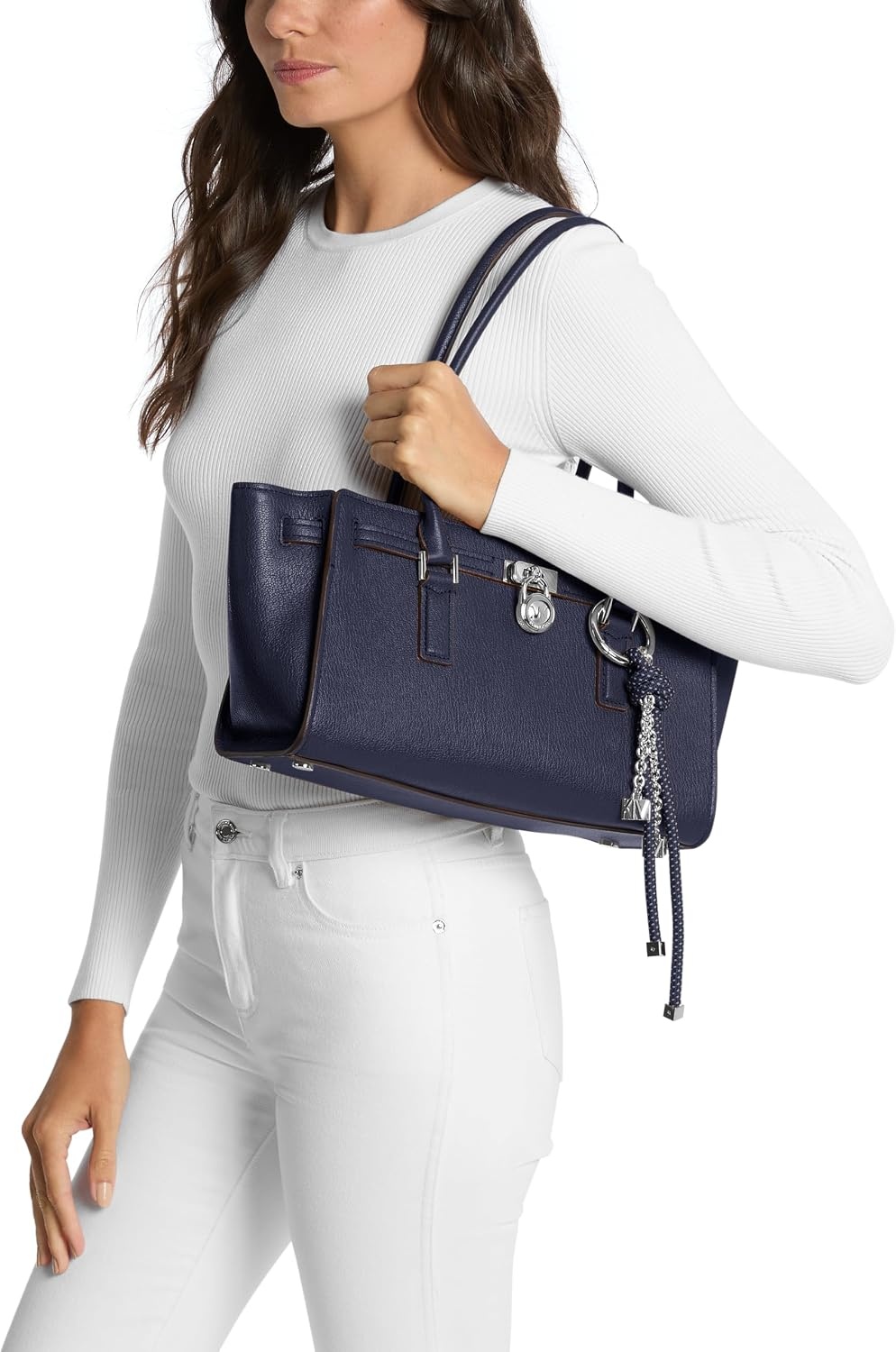 image:imageMichael Kors Hamilton Moderne Small Shoulder ToteSilvertone HardwareUrbino LeatherDress Blues