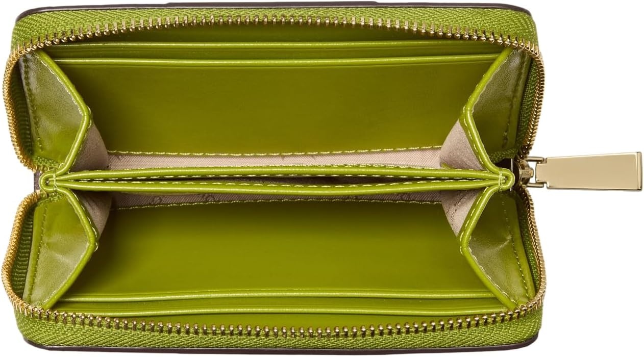 image:imageMichael Kors Jet Set Small Zip Around Card Case SilverTone HardwareSignature Coated TwillOptic WhiteAllumGoldtone HardwareSignature With Center StripeMeadow Green