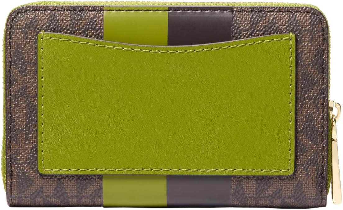 image:imageMichael Kors Jet Set Small Zip Around Card Case SilverTone HardwareSignature Coated TwillOptic WhiteAllumGoldtone HardwareSignature With Center StripeMeadow Green
