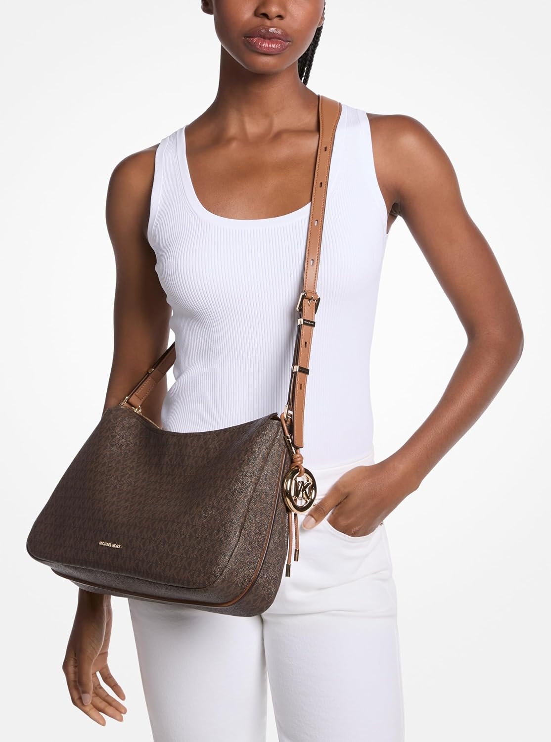 image:imageMichael Kors Nolita Medium Top Zip Convertible Shoulder BagGoldtone HardwareMk Signature Coated TwillBrownAcorn