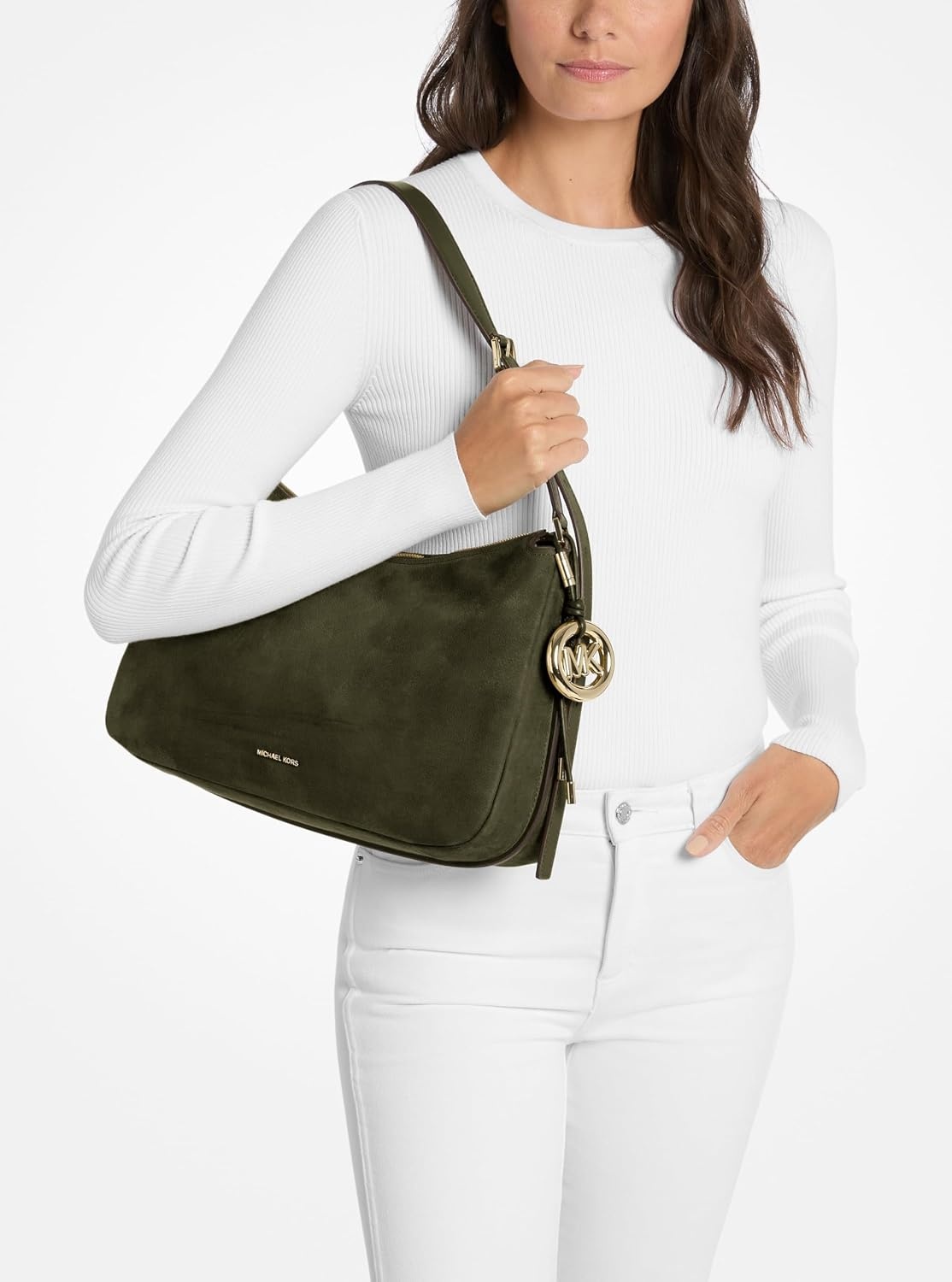 image:imageMichael Kors Nolita Medium Top Zip Convertible Shoulder BagGoldtone HardwareNubuck LeatherIvy