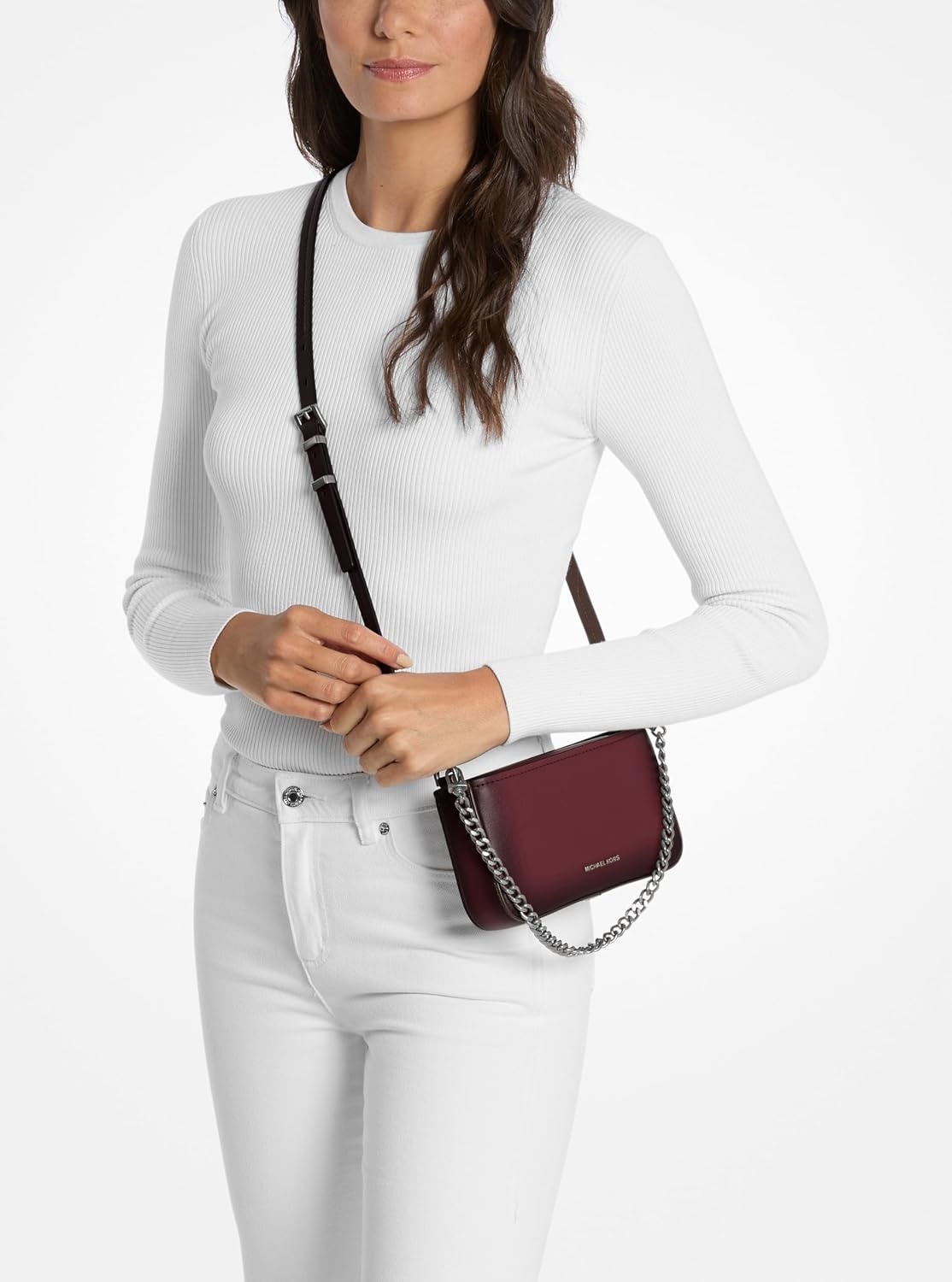 image:imageMichael Kors Womens Bryant Small Convertible Crossbody BagNickeltone HardwareBurnished Leather EdgesOxblood