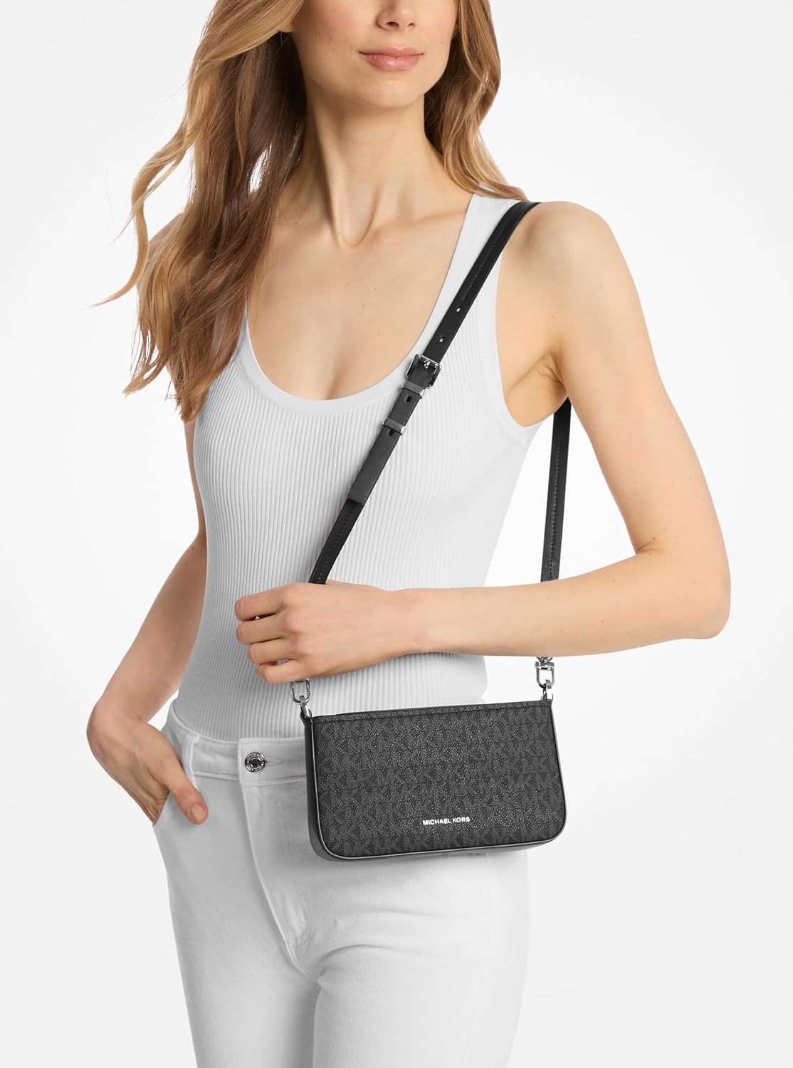image:imageMichael Kors Womens Bryant Small Convertible Crossbody BagSilvertone HardwareTonal Mk Signature Coated TwillBlack