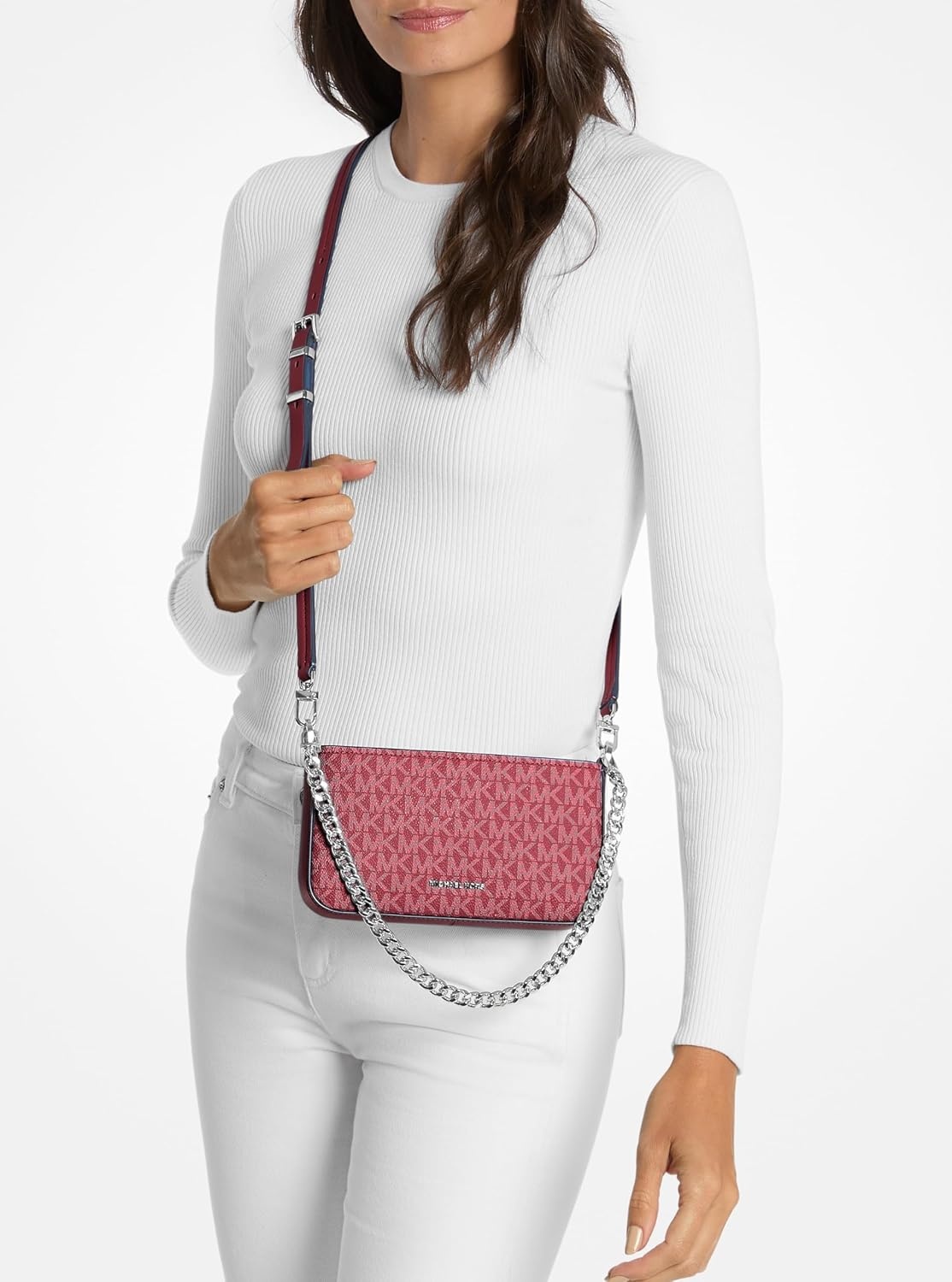 image:imageMichael Kors Womens Bryant Small Convertible Crossbody BagSilvertone HardwareTonal Mk Signature Coated TwillOxblood