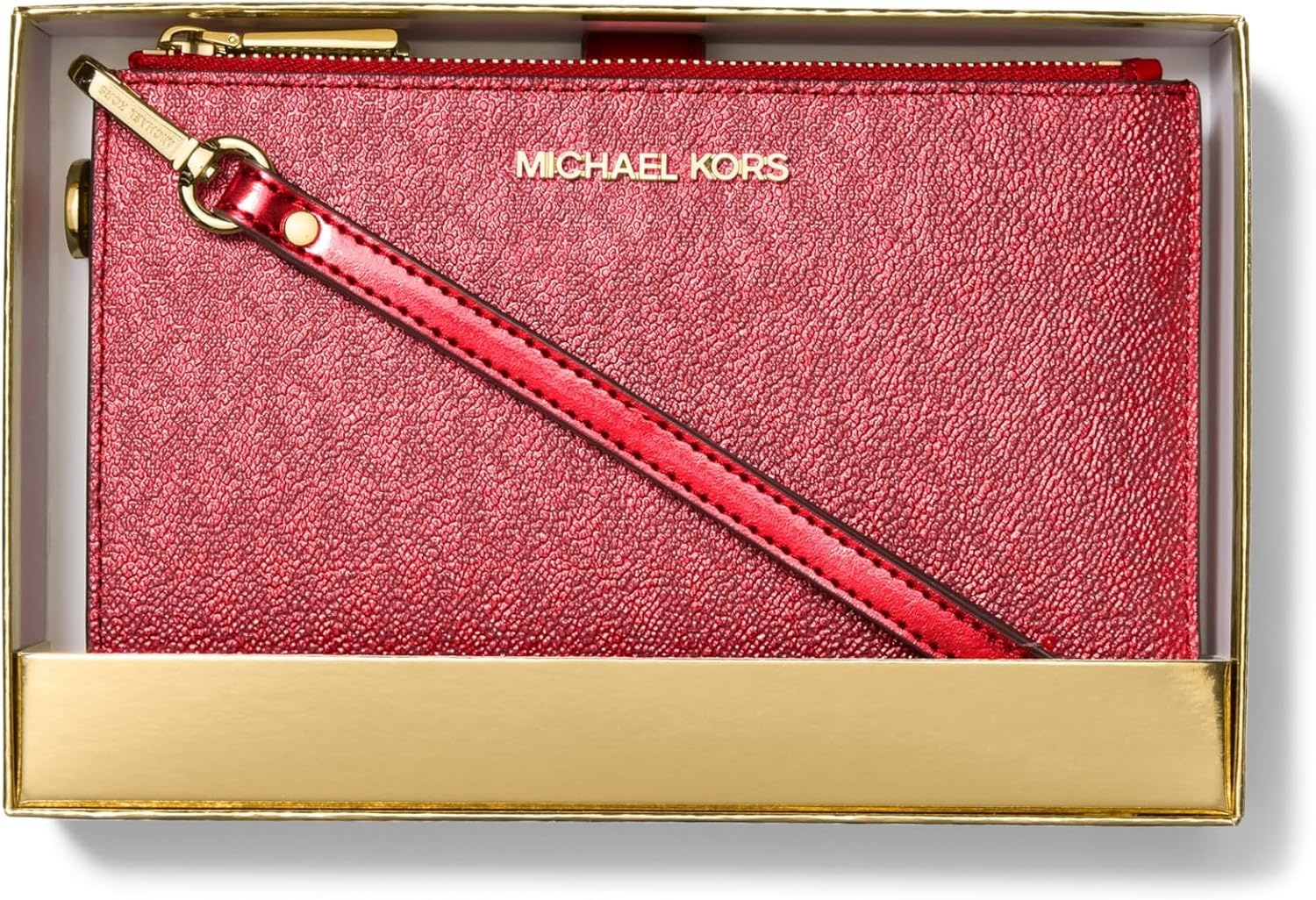 image:imageMichael Kors Womens Jet Set Double Zip WristletGoldtone HardwareMetallic Mk SignatureCrimson