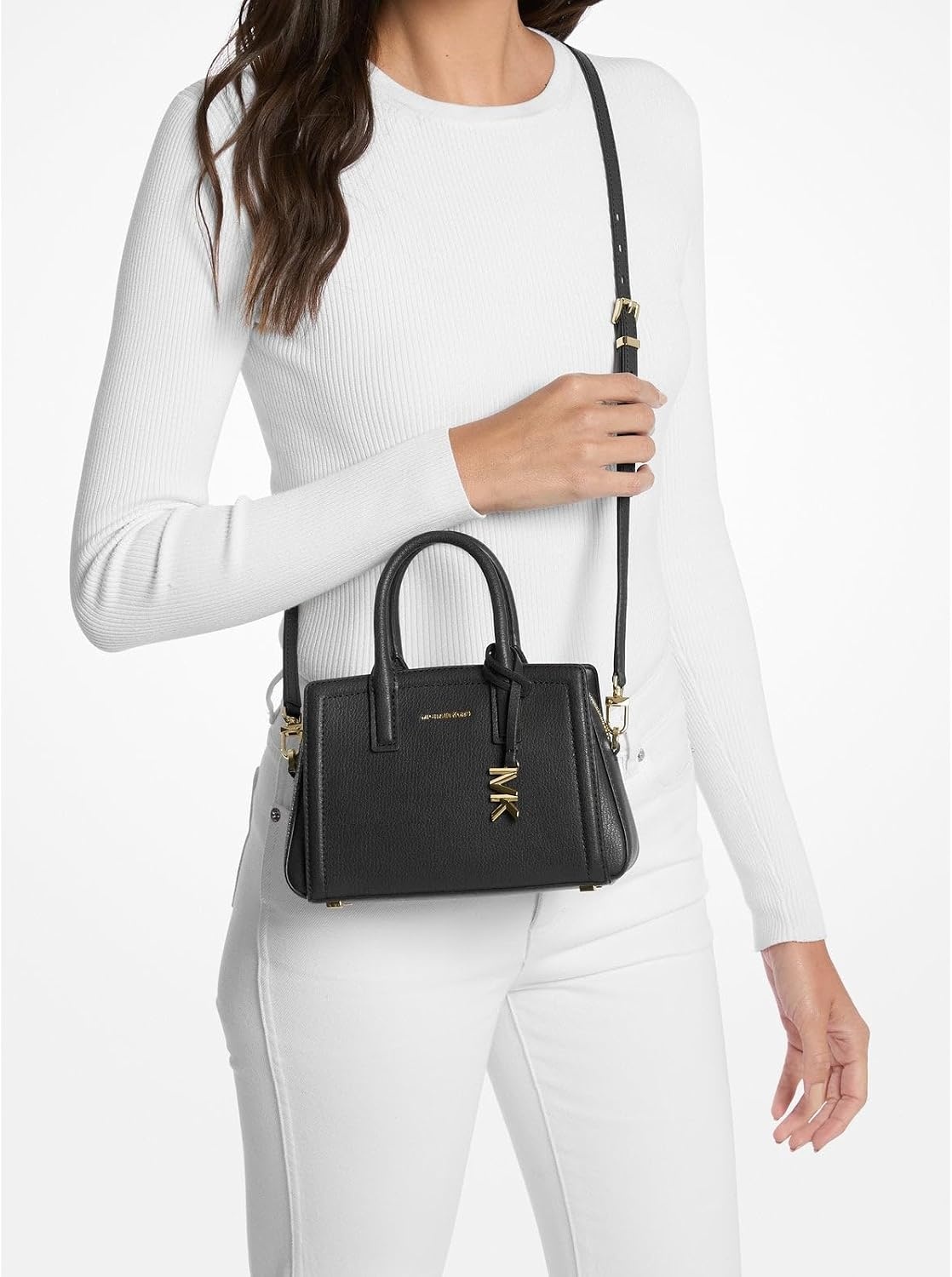 image:imageMichael Kors Womens Laila Extra Small Crossbody BagGoldtone HardwareEmbossed LeatherBlack