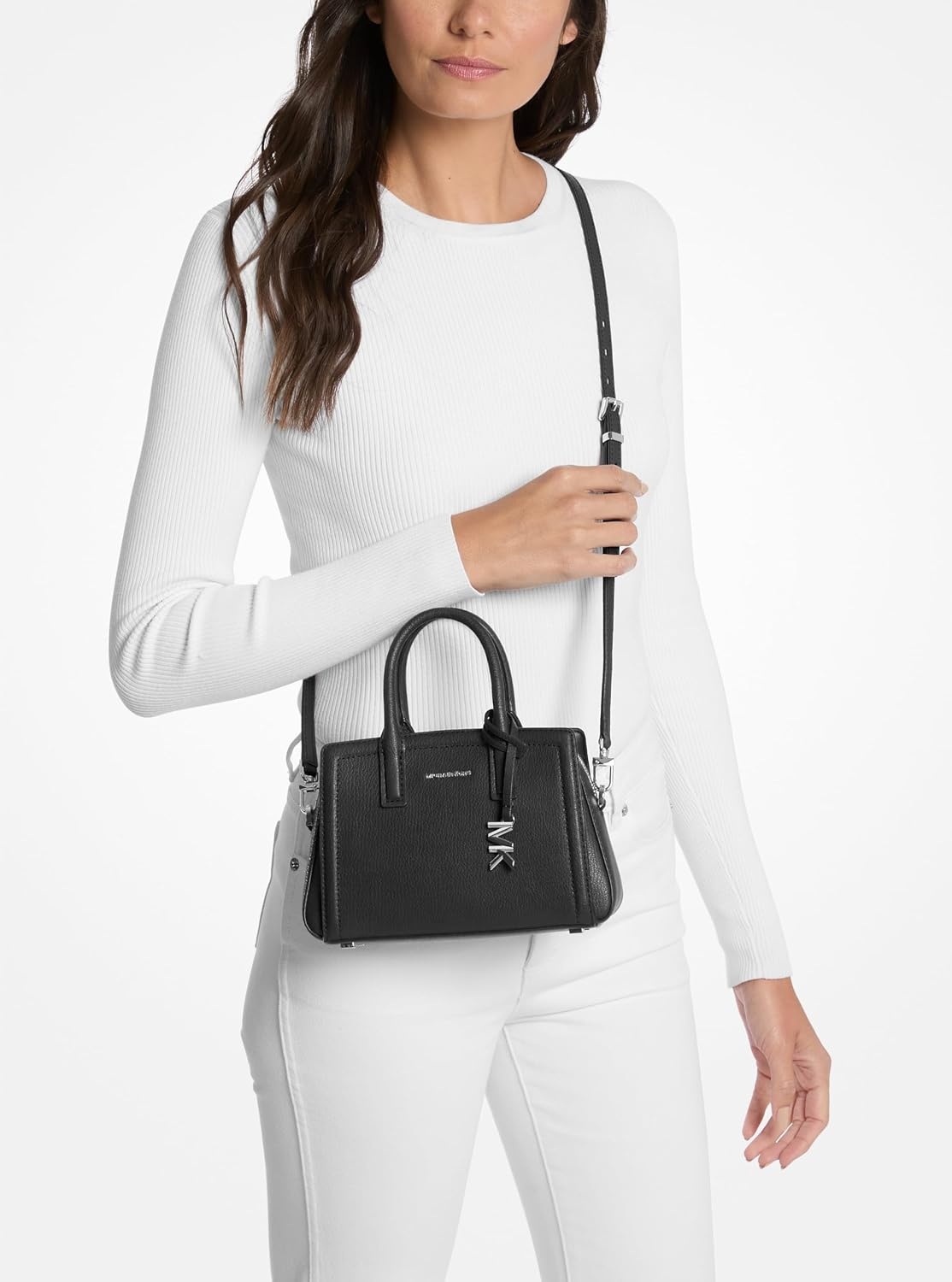 image:imageMichael Kors Womens Laila Extra Small Crossbody BagSilvertone HardwareEmbossed Goat LeatherBlack