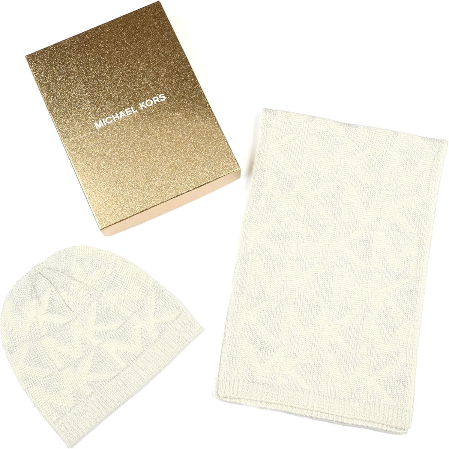 image:imageMichael Kors Womens Metallic Beanie amp Scarf Set Stylish amp Warm Fashion Accessories for Cold WeatherCream