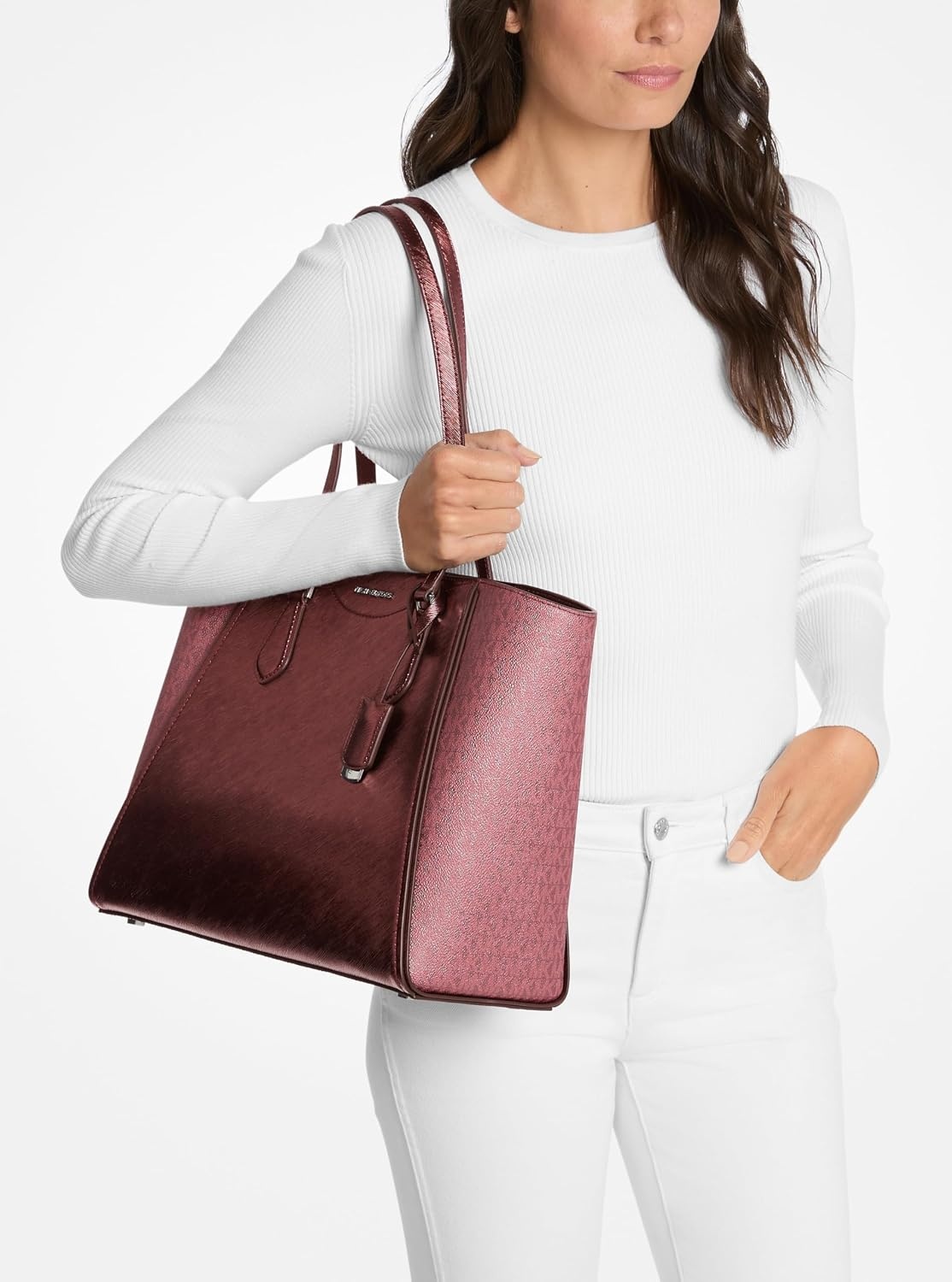 image:imageMichael Kors Womens Taryn Large Multifunctional Topzip Tote BagSilvertone HardwareMetallic With Metallic Signature TrimOxblood