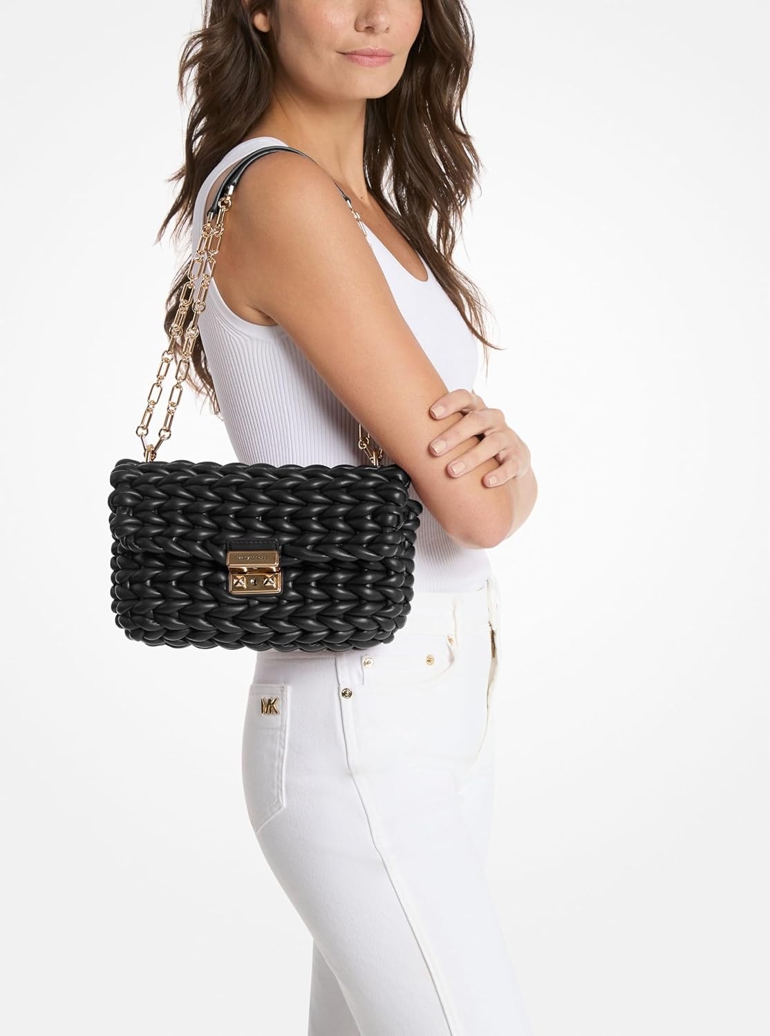 image:imageMichael Kors Womens Tribeca Large Convertible Chain Shoulder BagGoldtone HardwareAll Over WovenBlack