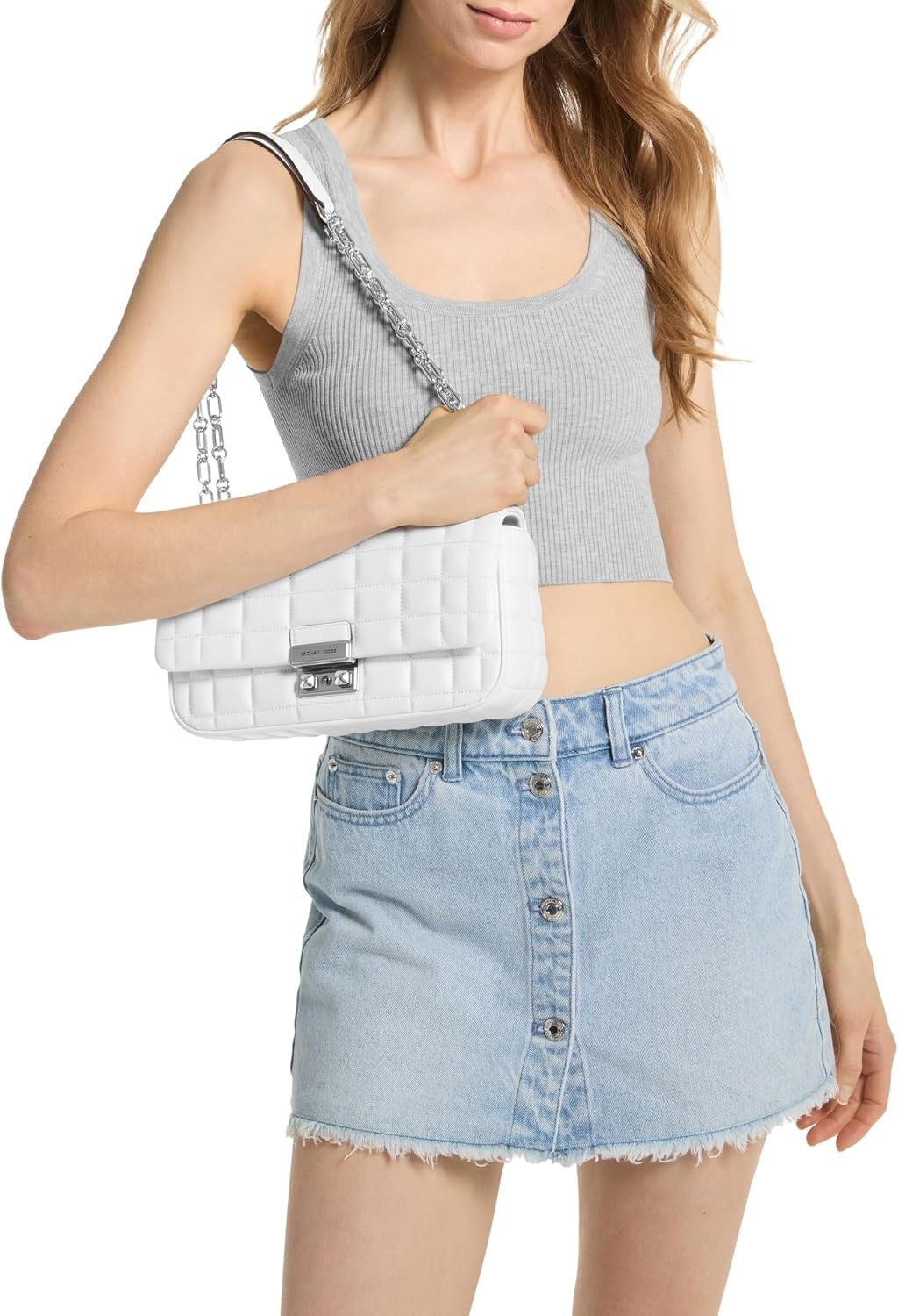 image:imageMichael Kors Womens Tribeca Large Convertible Chain Shoulder BagSilvertone HardwareOptic White