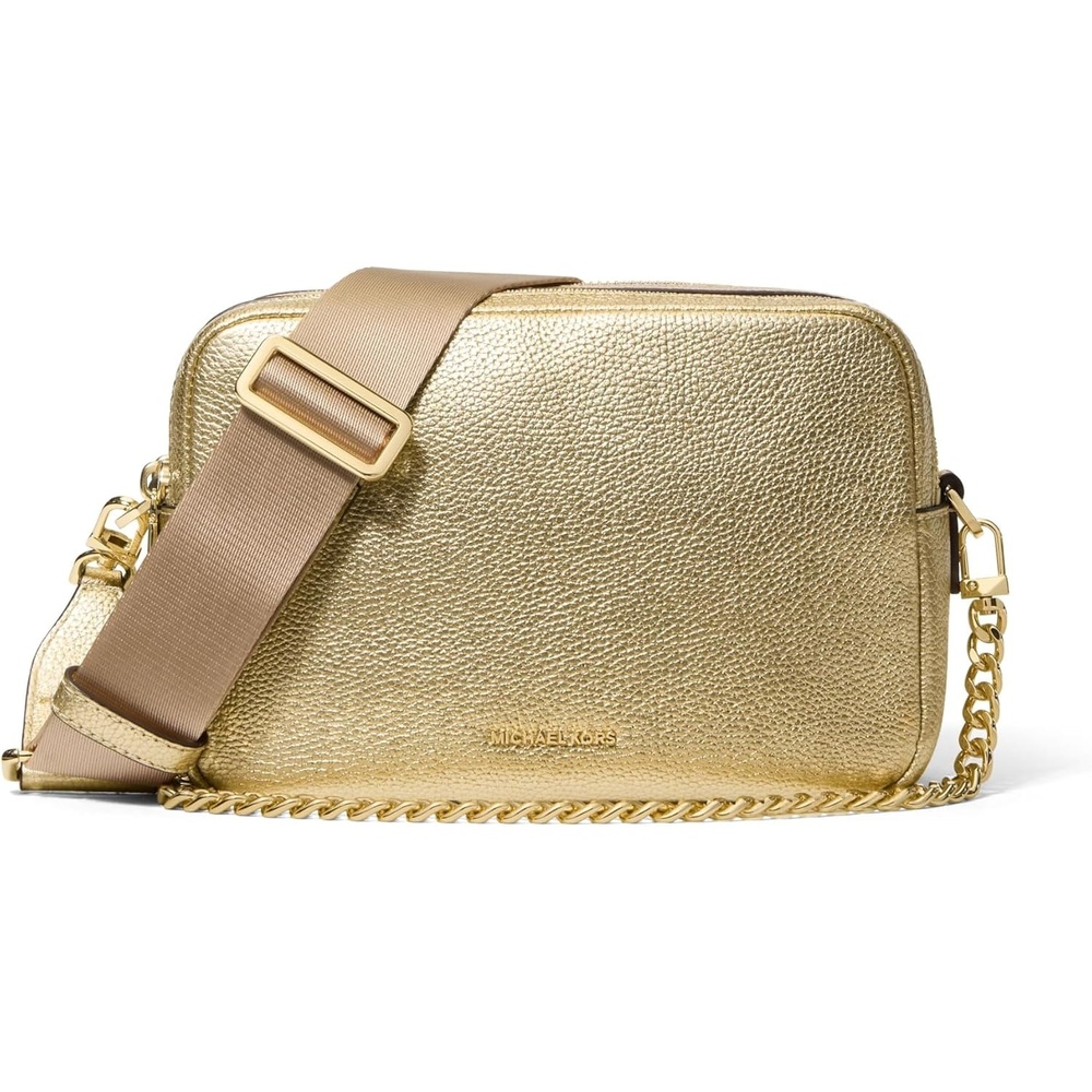 image:imageMichael Kors Bryant Medium Double Zip Chain Camera Crossbody BagGoldtone HardwareMetallic Pebble Embossed LeatherPale Gold