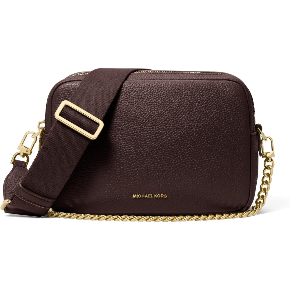 image:imageMichael Kors Bryant Medium Double Zip Chain Camera Crossbody BagGoldtone HardwarePebble LeatherChocolate