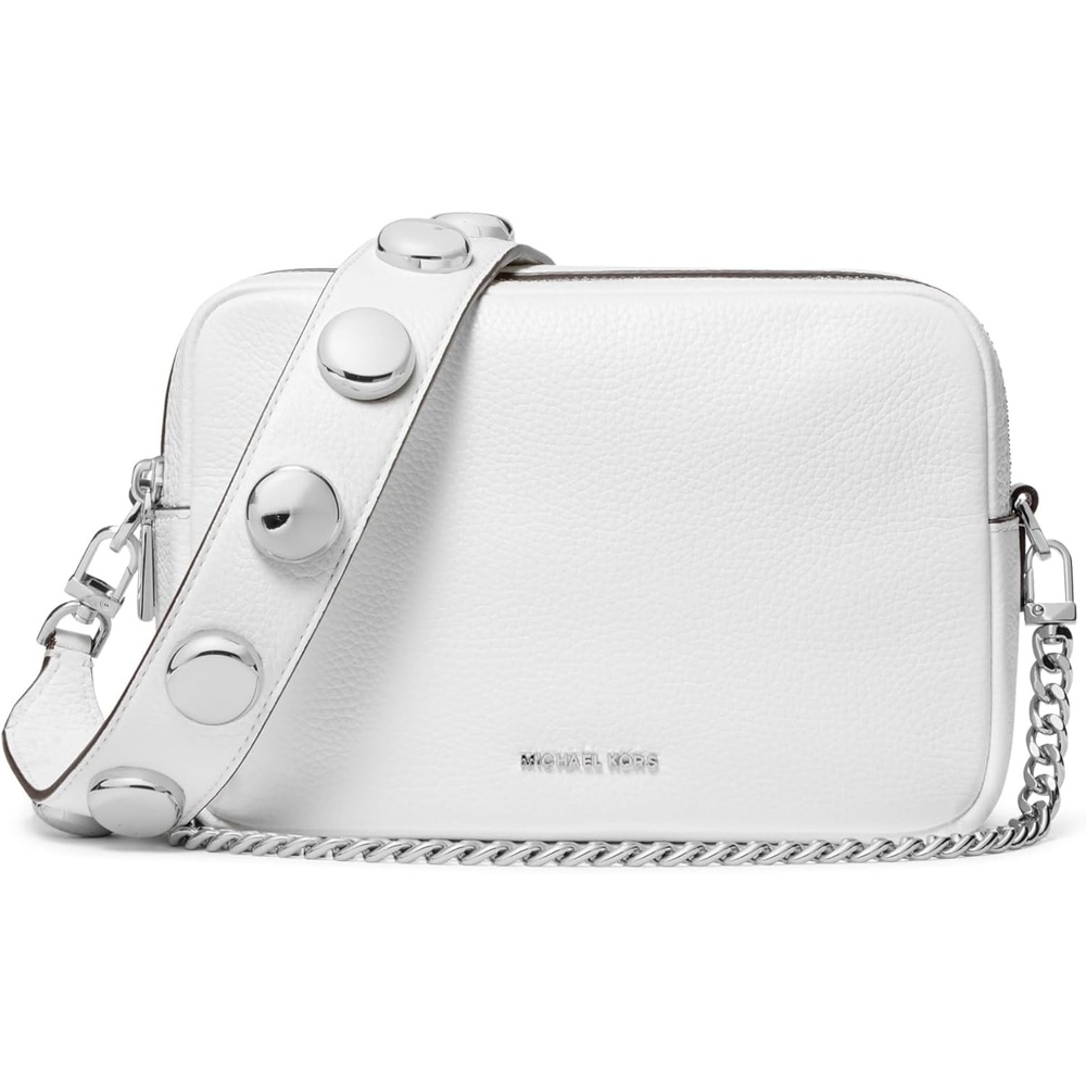 image:imageMichael Kors Bryant Medium Double Zip Chain Camera Crossbody BagSilvertone HardwarePebbled Leather WDome Studded StrapOptic White