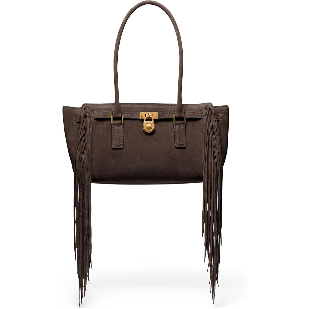 image:imageMichael Kors Hamilton Moderne Small Shoulder ToteAntique Goldtone HardwareFringe SuedeChocolate
