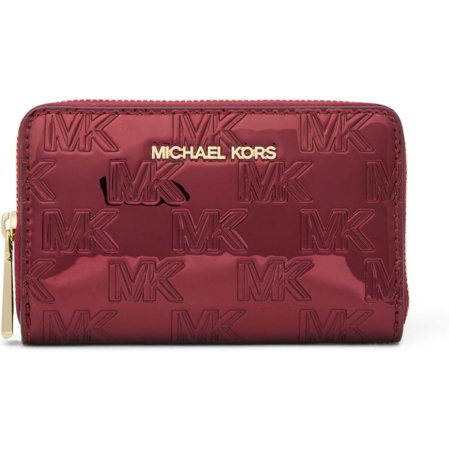 image:imageMichael Kors Jet Set Small Zip Around Card Case SilverTone HardwareSignature Coated TwillOptic WhiteAllumDeep Red