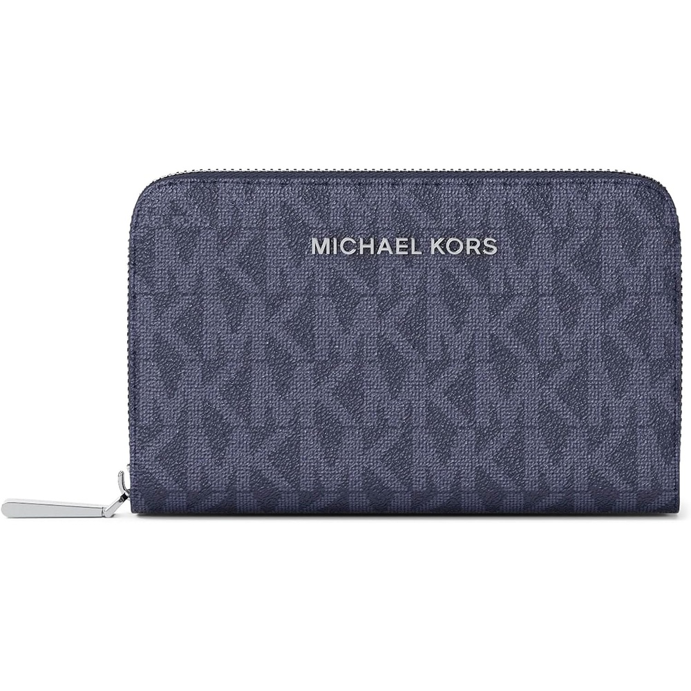image:imageMichael Kors Jet Set Small Zip Around Card Case SilverTone HardwareSignature Coated TwillOptic WhiteAllumDress Blues