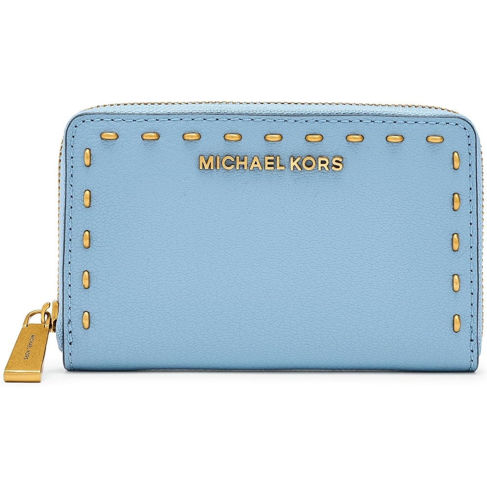 image:imageMichael Kors Jet Set Small Zip Around Card Case SilverTone HardwareSignature Coated TwillOptic WhiteAllumGoldTone HardwareLeatherChambray